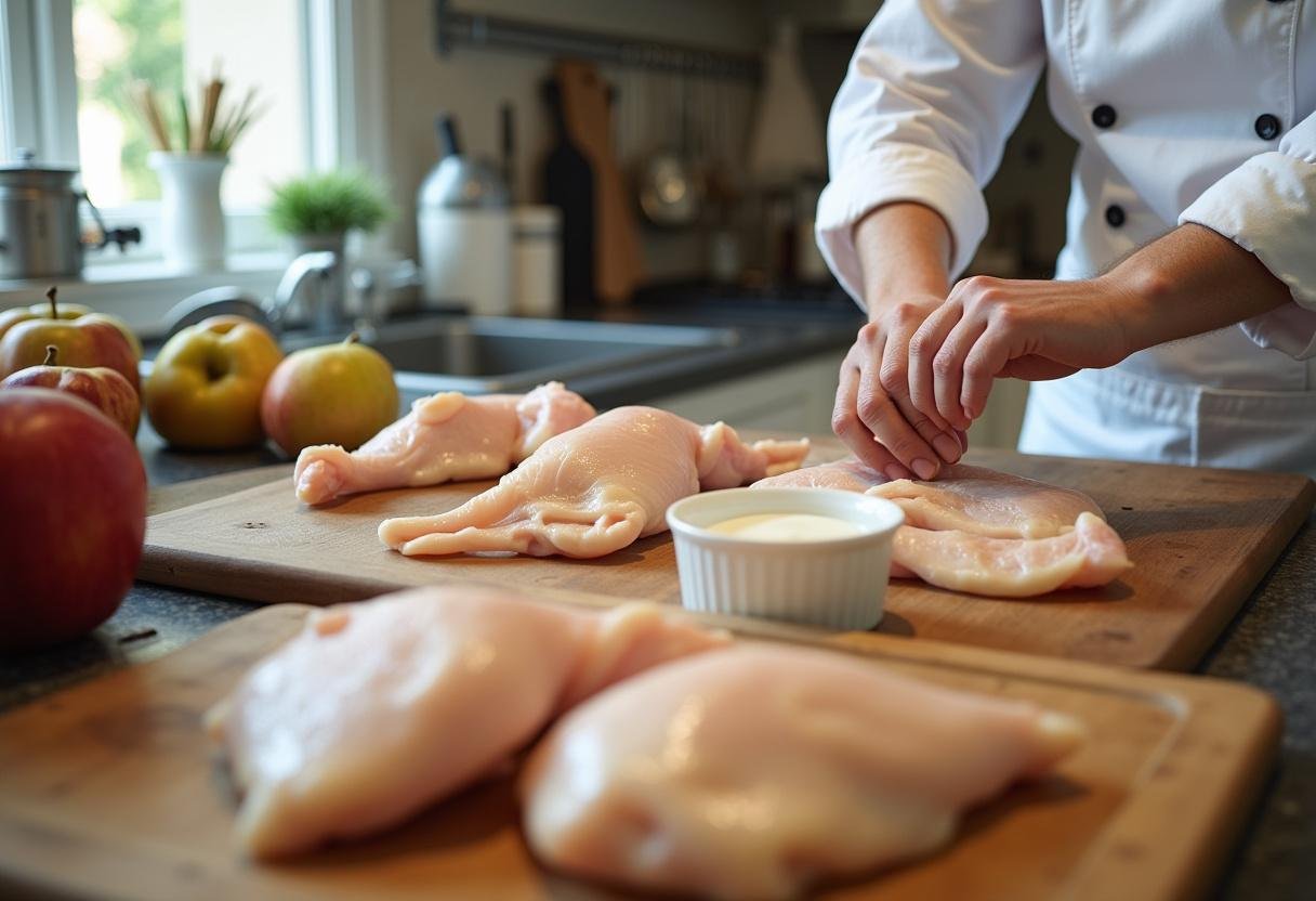 Ingrédients pour le poulet vallée d'auge, incluant du poulet frais, des pommes, de la crème et du cidre sur un comptoir de cuisine en bois.