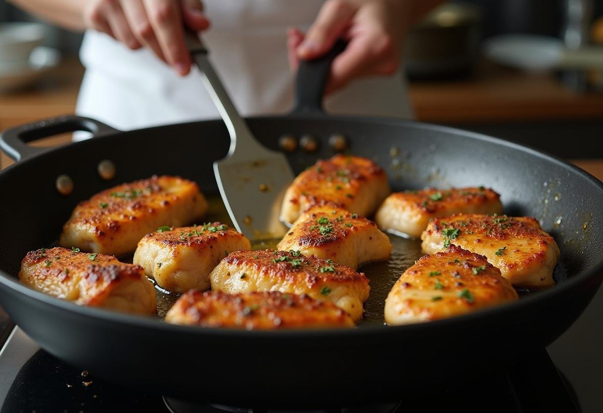 Faire dorer le poulet dans une grande poêle, avec des herbes aromatiques ajoutées pour le poulet vallée d'auge.
