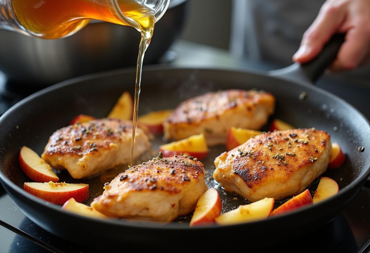 Verser du cidre sur le poulet doré dans la poêle, accompagné de pommes tranchées pour le poulet vallée d'auge.