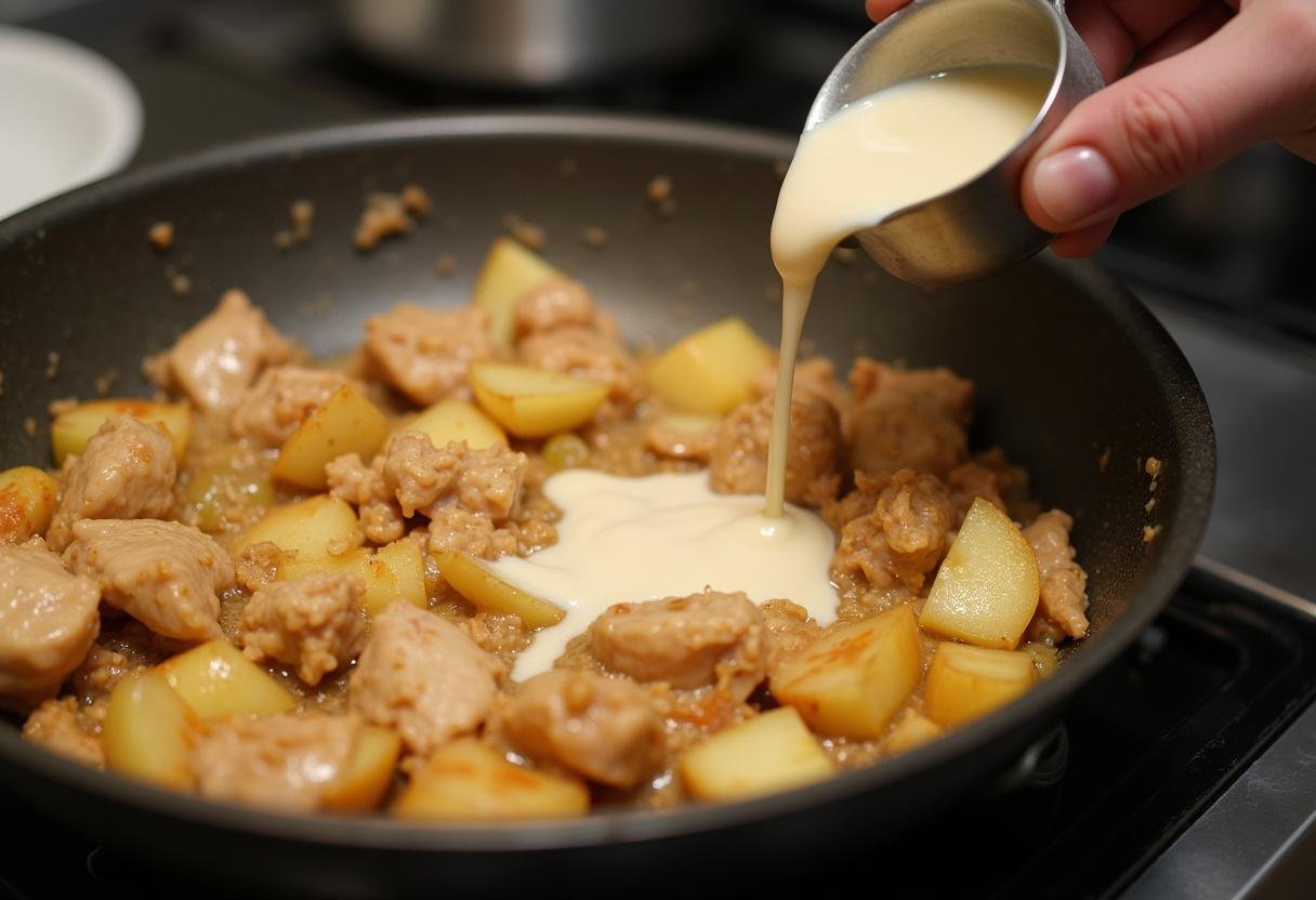 Incorporer une sauce crémeuse au poulet et aux pommes dans la poêle pour enrichir la recette traditionnelle du poulet vallée d'auge.