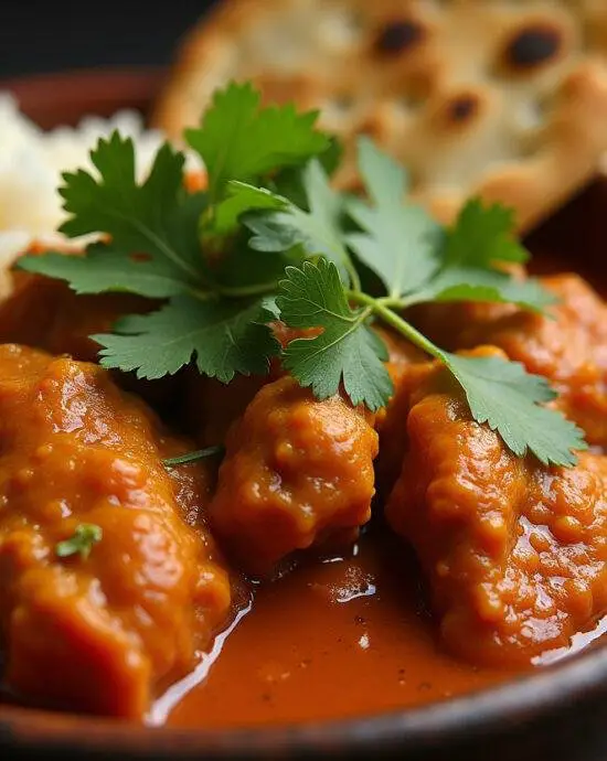 Présentation finale du poulet vindaloo, dans un bol traditionnel avec de la coriandre fraîche, du riz et du naan.