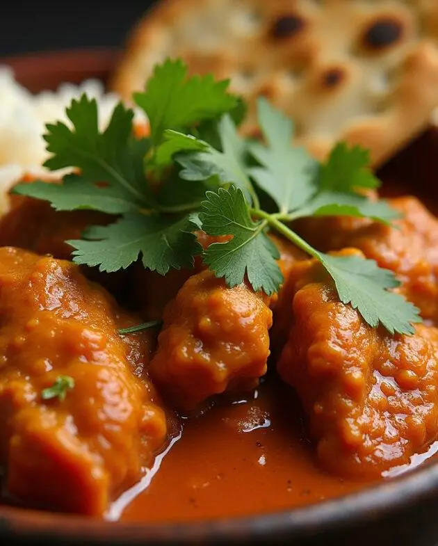 Présentation finale du poulet vindaloo, dans un bol traditionnel avec de la coriandre fraîche, du riz et du naan.