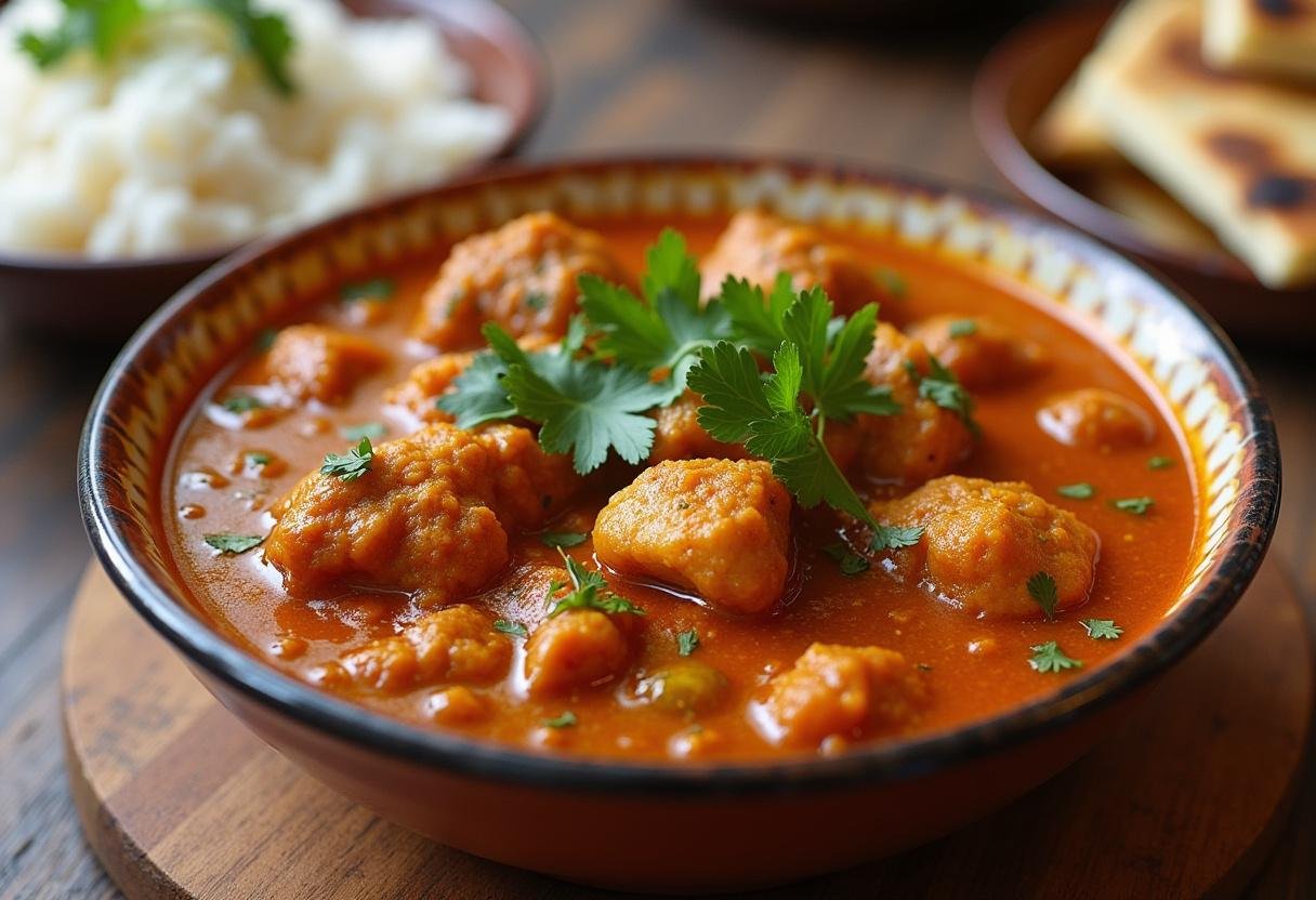 Présentation finale du poulet vindaloo, dans un bol traditionnel avec de la coriandre fraîche, du riz et du naan.