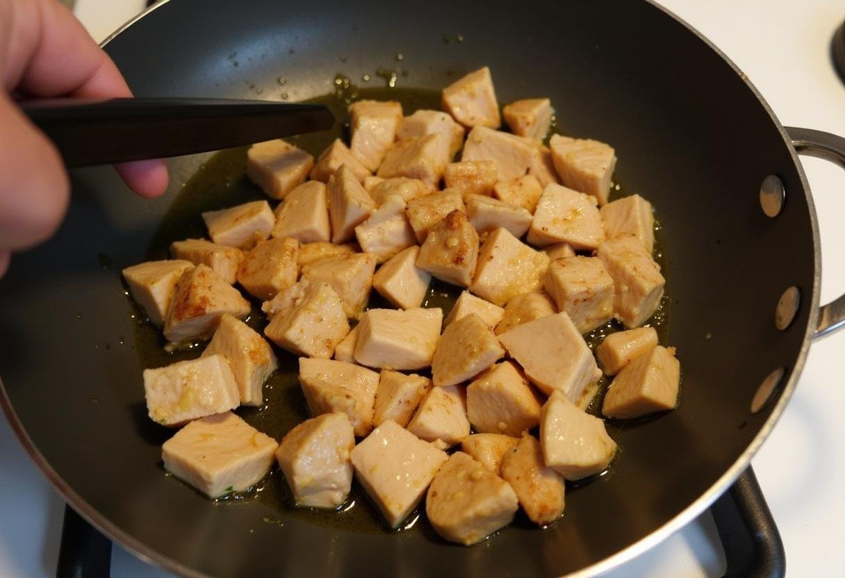 Ajout de morceaux de poulet pour la recette de poulet vindaloo, cuisinés jusqu'à ce qu'ils soient bien dorés.