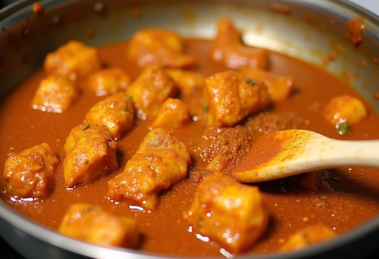 Incorporation de la masala vindaloo dans le poulet pour une recette de poulet vindaloo riche en épices.