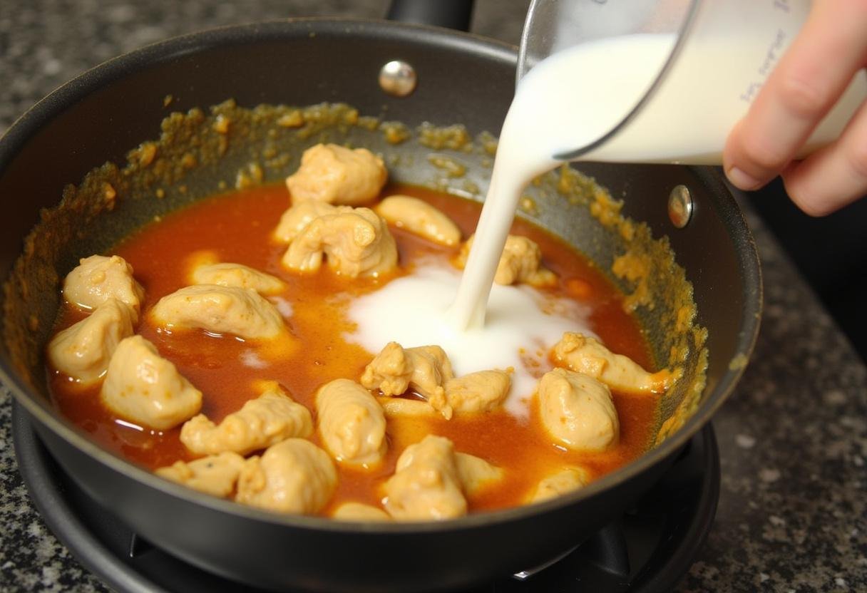 Ajout de lait de coco dans la recette de poulet vindaloo, créant une sauce épaisse et savoureuse.