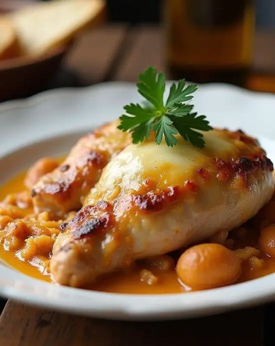 Servi dans une assiette, le poulet au maroilles avec fromage fondu, illustrant une recette de poulet au maroilles parfaite du Nord.