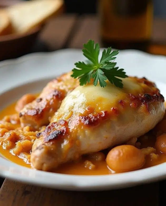 Servi dans une assiette, le poulet au maroilles avec fromage fondu, illustrant une recette de poulet au maroilles parfaite du Nord.