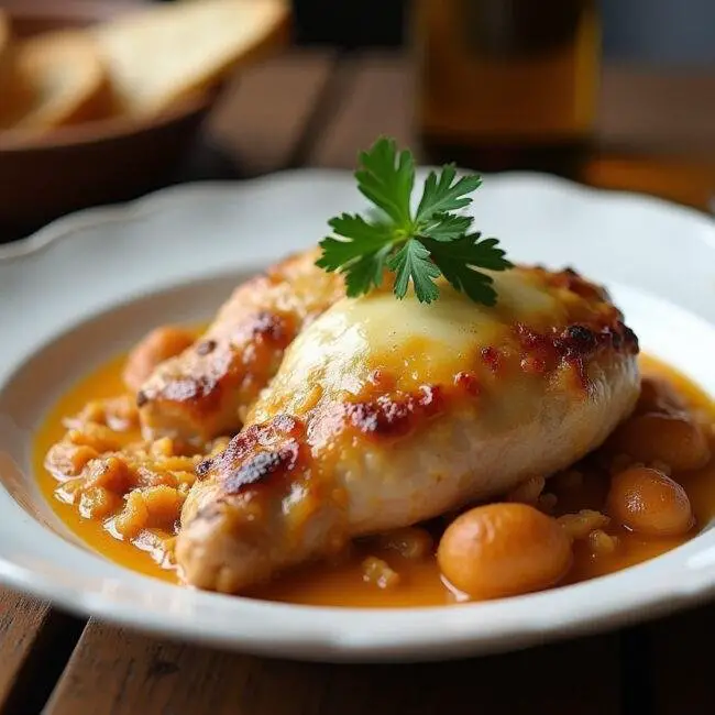 Servi dans une assiette, le poulet au maroilles avec fromage fondu, illustrant une recette de poulet au maroilles parfaite du Nord.