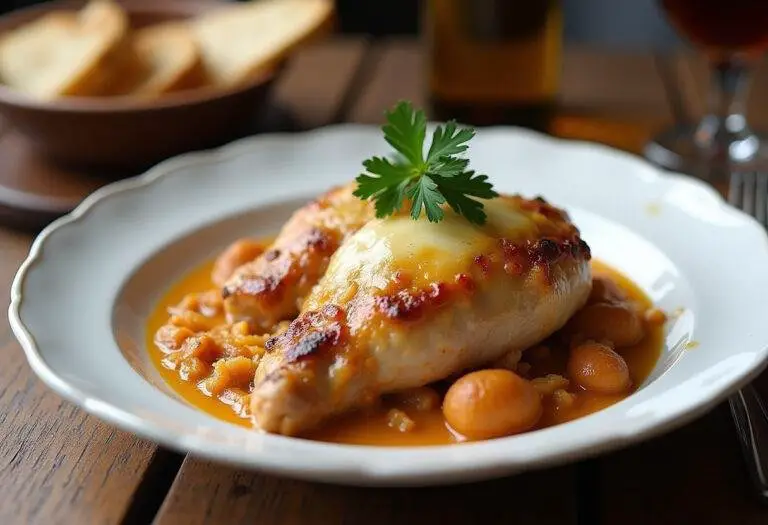 Servi dans une assiette, le poulet au maroilles avec fromage fondu, illustrant une recette de poulet au maroilles parfaite du Nord.
