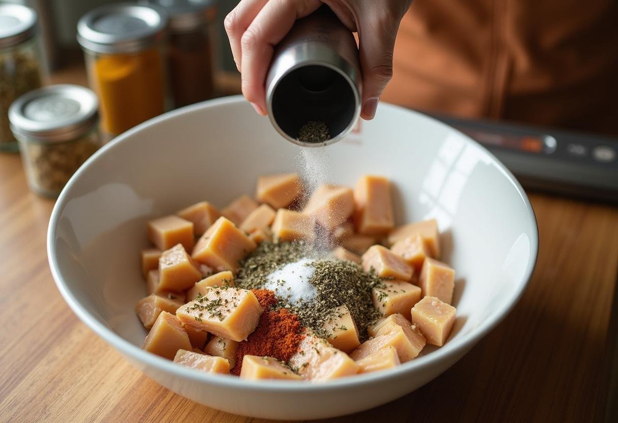Mélange de morceaux de poulet au maroilles dans un bol, assaisonné de sel et de poivre inspirant les recettes de poulet au maroilles.