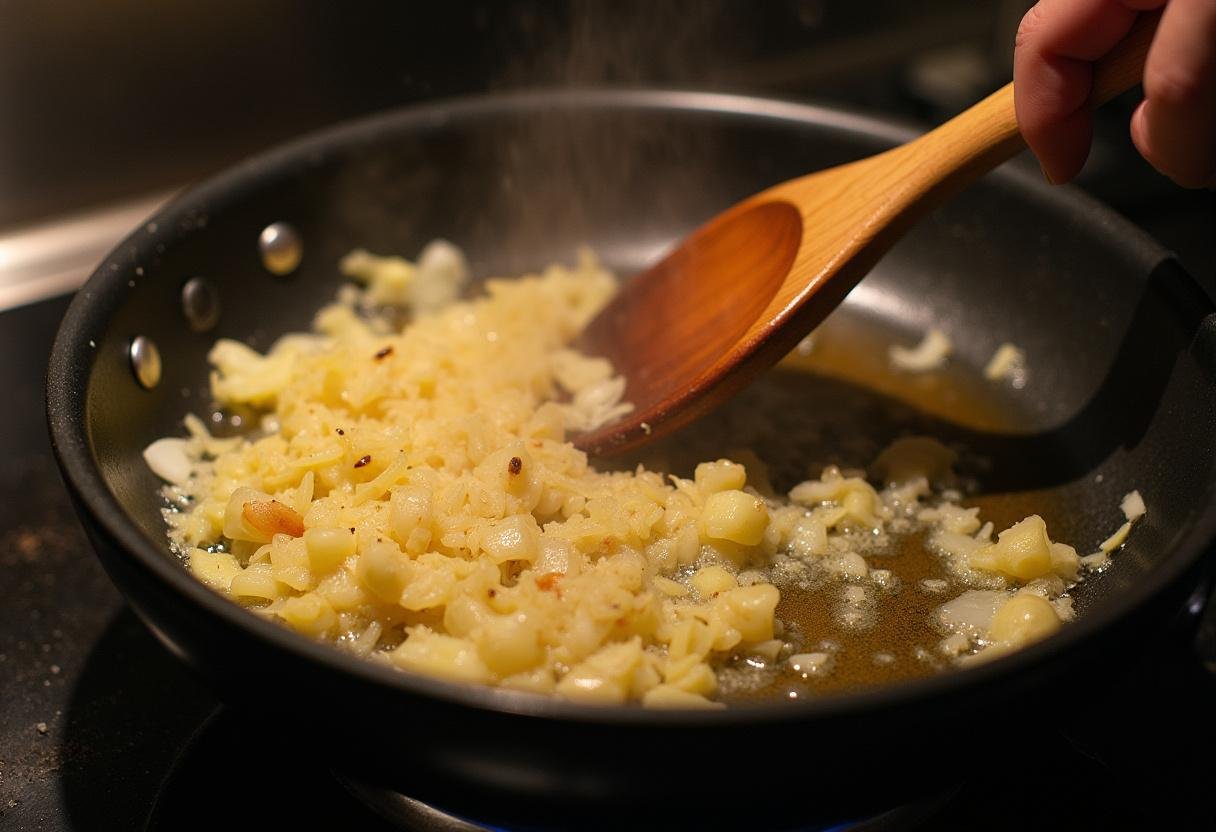 Oignon et ail se faisant sauter au beurre pour une recette de poulet au maroilles typique de la cuisine du Nord.