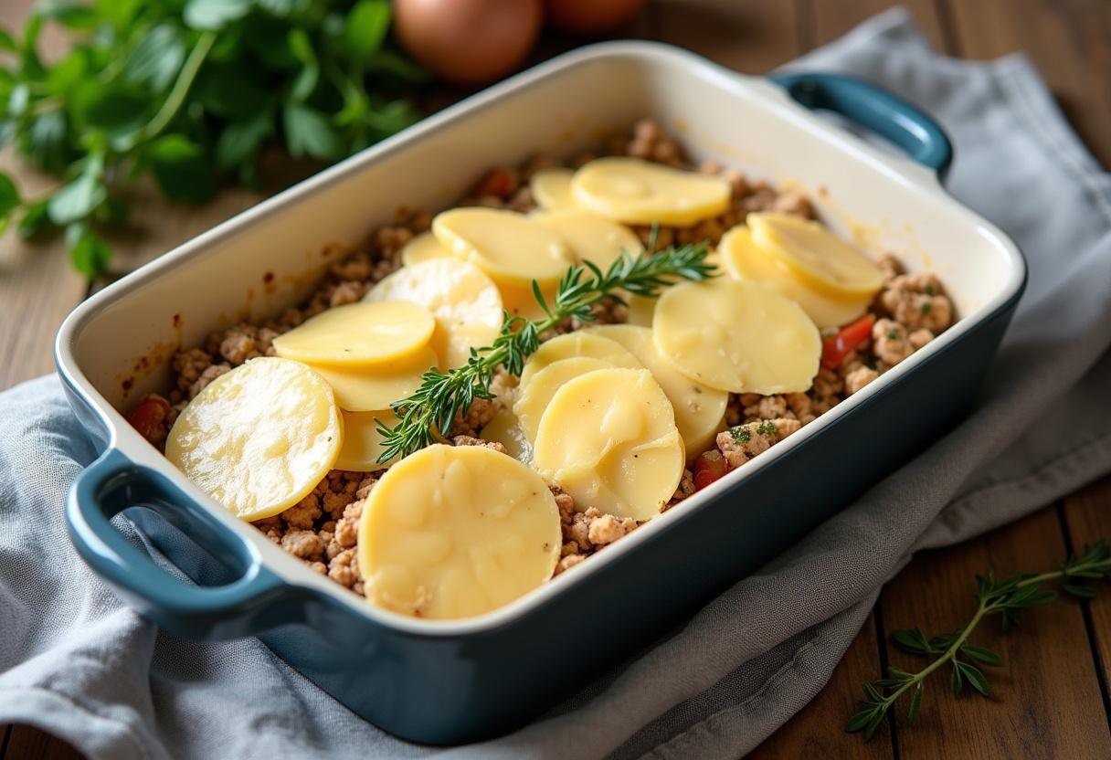 Plat de poulet au maroilles, garnie de fromage, préparé pour la cuisson, une recette traditionnelle du Nord.
