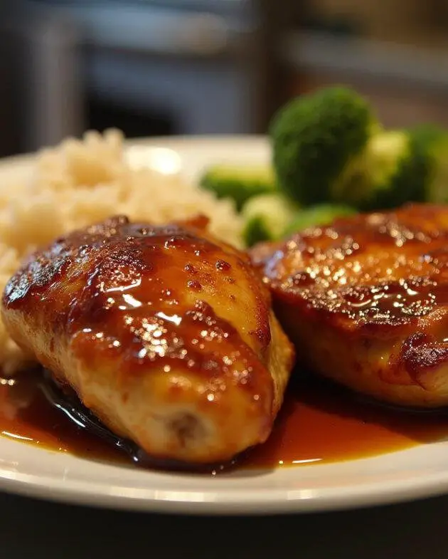 Plat de poulet au miel sucré-salé, accompagné de riz et de légumes cuits à la vapeur, présentée dans une cuisine chaleureuse.