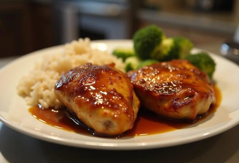 Plat de poulet au miel sucré-salé, accompagné de riz et de légumes cuits à la vapeur, présentée dans une cuisine chaleureuse.