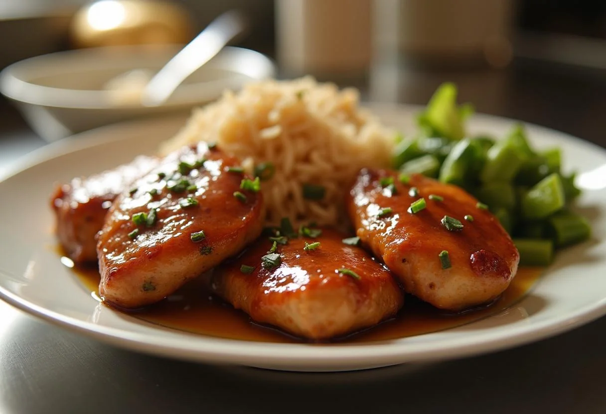 Plat de poulet au miel sucré-salé, accompagné de riz et de légumes cuits à la vapeur, présentée dans une cuisine chaleureuse.