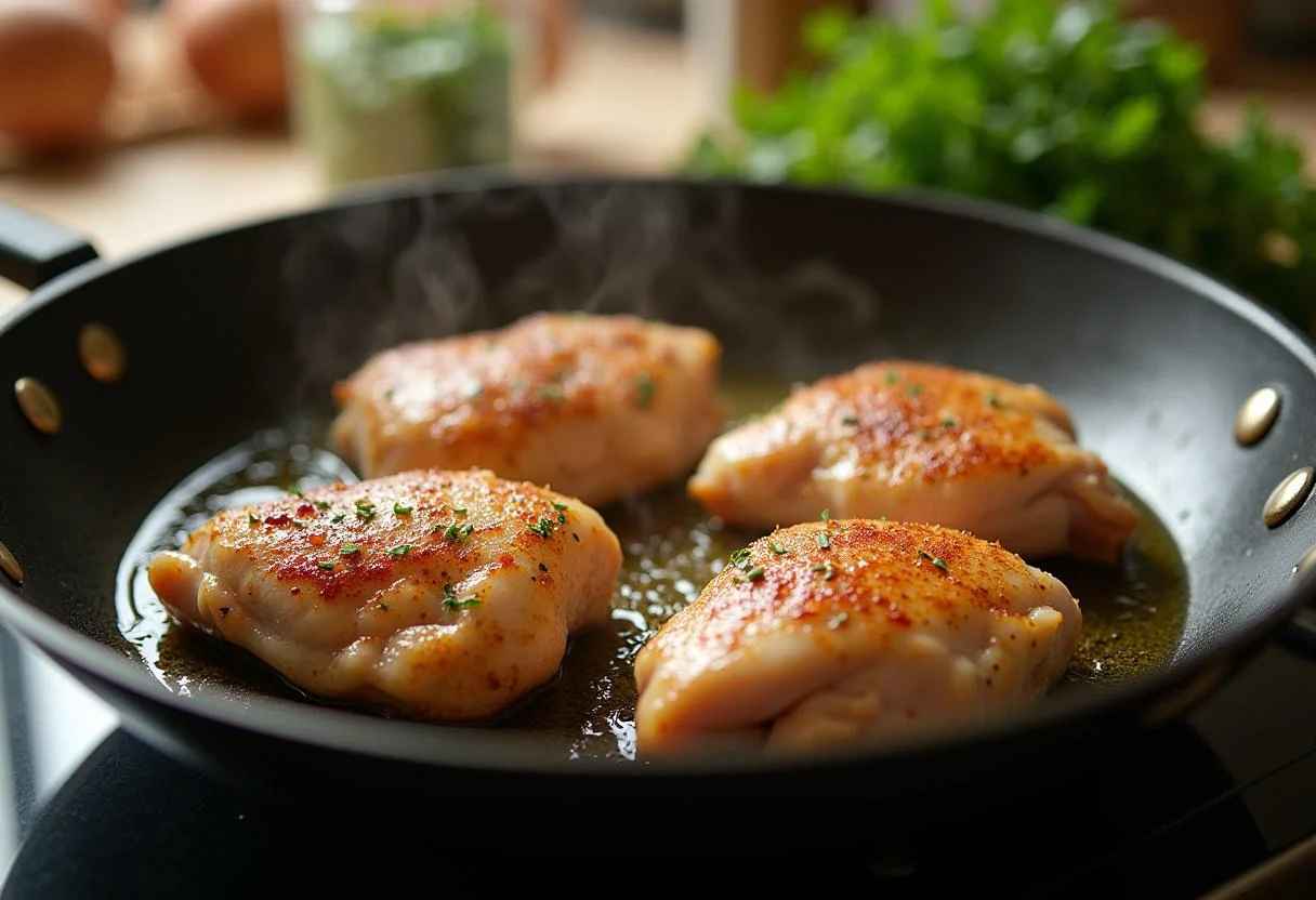 Cuisses de poulet assaisonnées dans une poêle, crépitant dans de l'huile d'olive.
