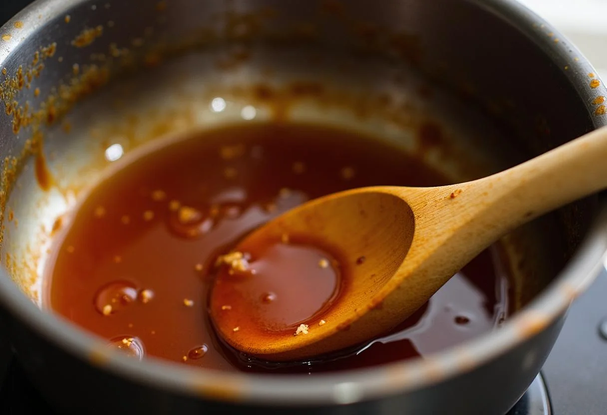 Mélange de miel et sauce soja chauffé dans une petite casserole, prêt à enrober le poulet au miel.