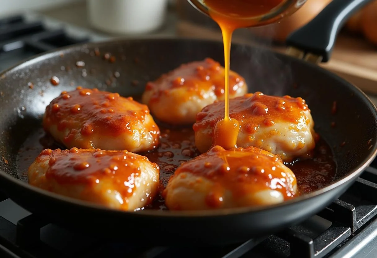 Cuisses de poulet enrobées de sauce au miel sucré-salé dans une poêle chauffée.