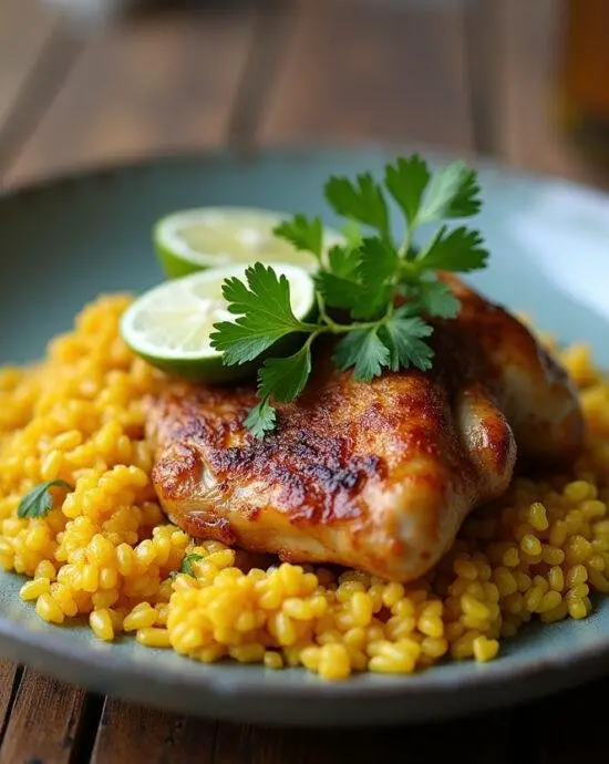 Platter de Poulet au Riz et Curry Parfumé, finement décoré de coriandre fraîche et de quartiers de citron vert, mettant en valeur ce plat traditionnel.
