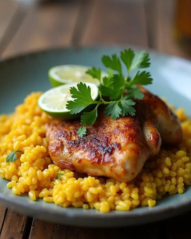 Platter de Poulet au Riz et Curry Parfumé, finement décoré de coriandre fraîche et de quartiers de citron vert, mettant en valeur ce plat traditionnel.