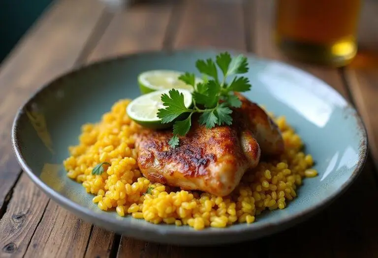 Platter de Poulet au Riz et Curry Parfumé, finement décoré de coriandre fraîche et de quartiers de citron vert, mettant en valeur ce plat traditionnel.