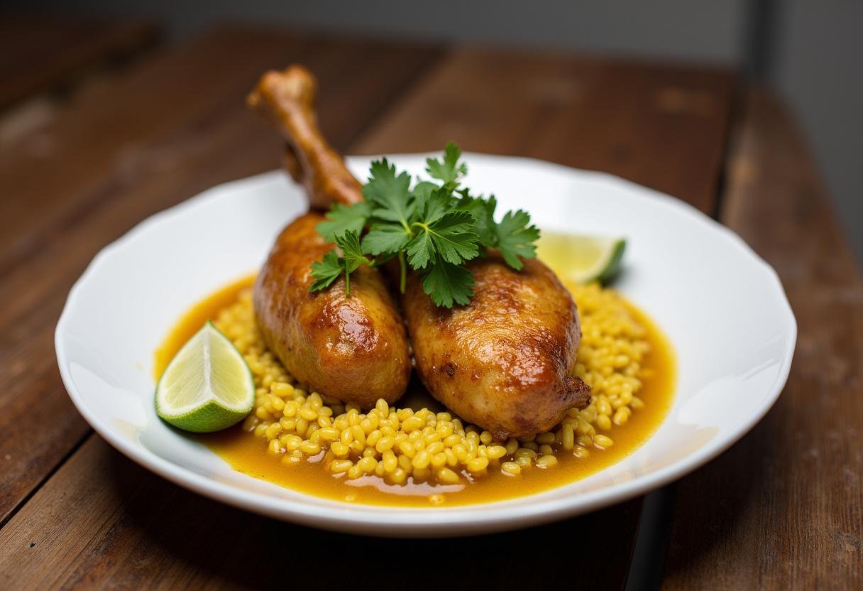 Platter de Poulet au Riz et Curry Parfumé, finement décoré de coriandre fraîche et de quartiers de citron vert, mettant en valeur ce plat traditionnel.