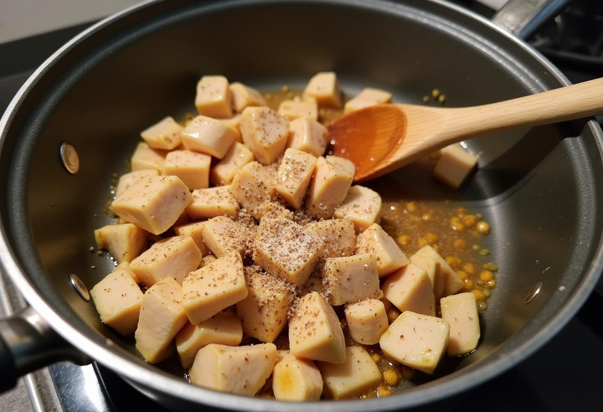Préparation du poulet au riz et curry, pouvant inclure des morceaux de poulet dorés dans une poêle, aromatisés de sel et de poivre.