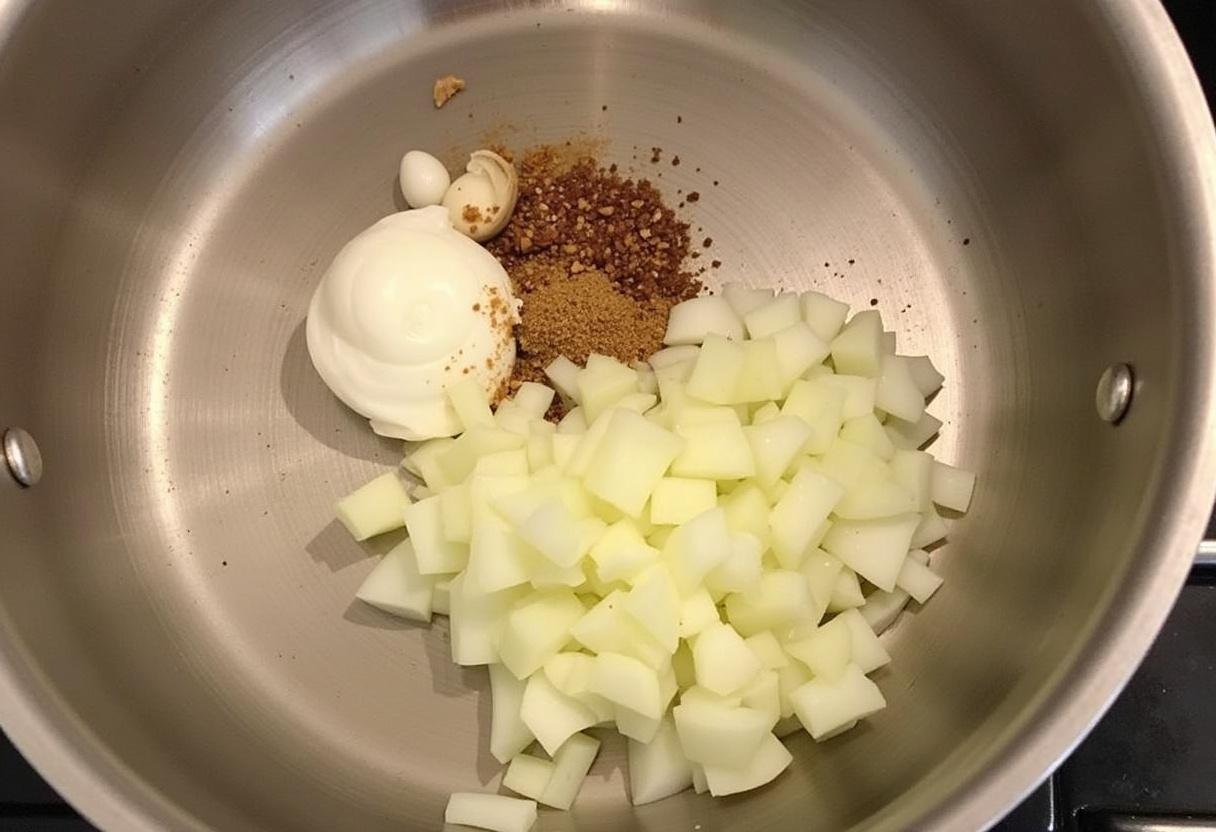 Ingrédients frais pour préparer le poulet au riz et curry, tels que des oignons, de l'ail et du gingembre soigneusement hachés.