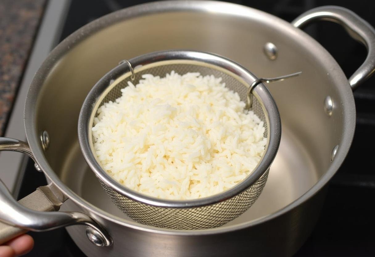 Préparation du riz au poulet et curry, mettant en lumière un processus de lavage du riz dans une passoire, préparant ainsi le riz parfumé.