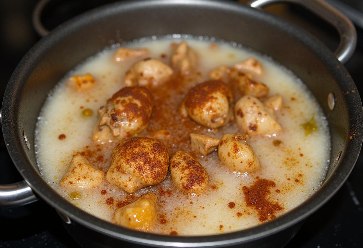 Mélange des ingrédients pour le riz au poulet et curry, où le poulet sauté, les épices et le lait de coco cuisent ensemble pour créer un plat savoureux.