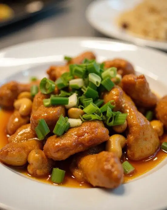 Présentation finale du poulet aux noix de cajou croquant sur une assiette, décoré d'oignons verts et accompagné de riz à la vapeur, prêt à être dégusté.
