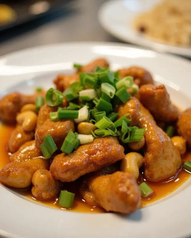 Présentation finale du poulet aux noix de cajou croquant sur une assiette, décoré d'oignons verts et accompagné de riz à la vapeur, prêt à être dégusté.