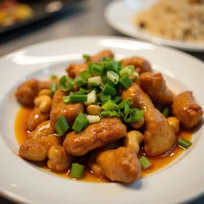 Présentation finale du poulet aux noix de cajou croquant sur une assiette, décoré d'oignons verts et accompagné de riz à la vapeur, prêt à être dégusté.