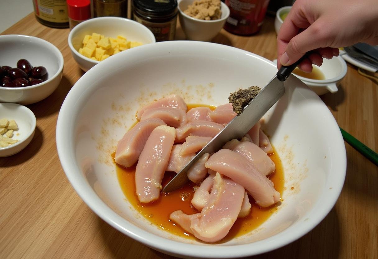 Préparation du poulet pour la recette de poulet aux noix de cajou, coupe en morceaux avec marinade à base de sauce soja, ail et gingembre.