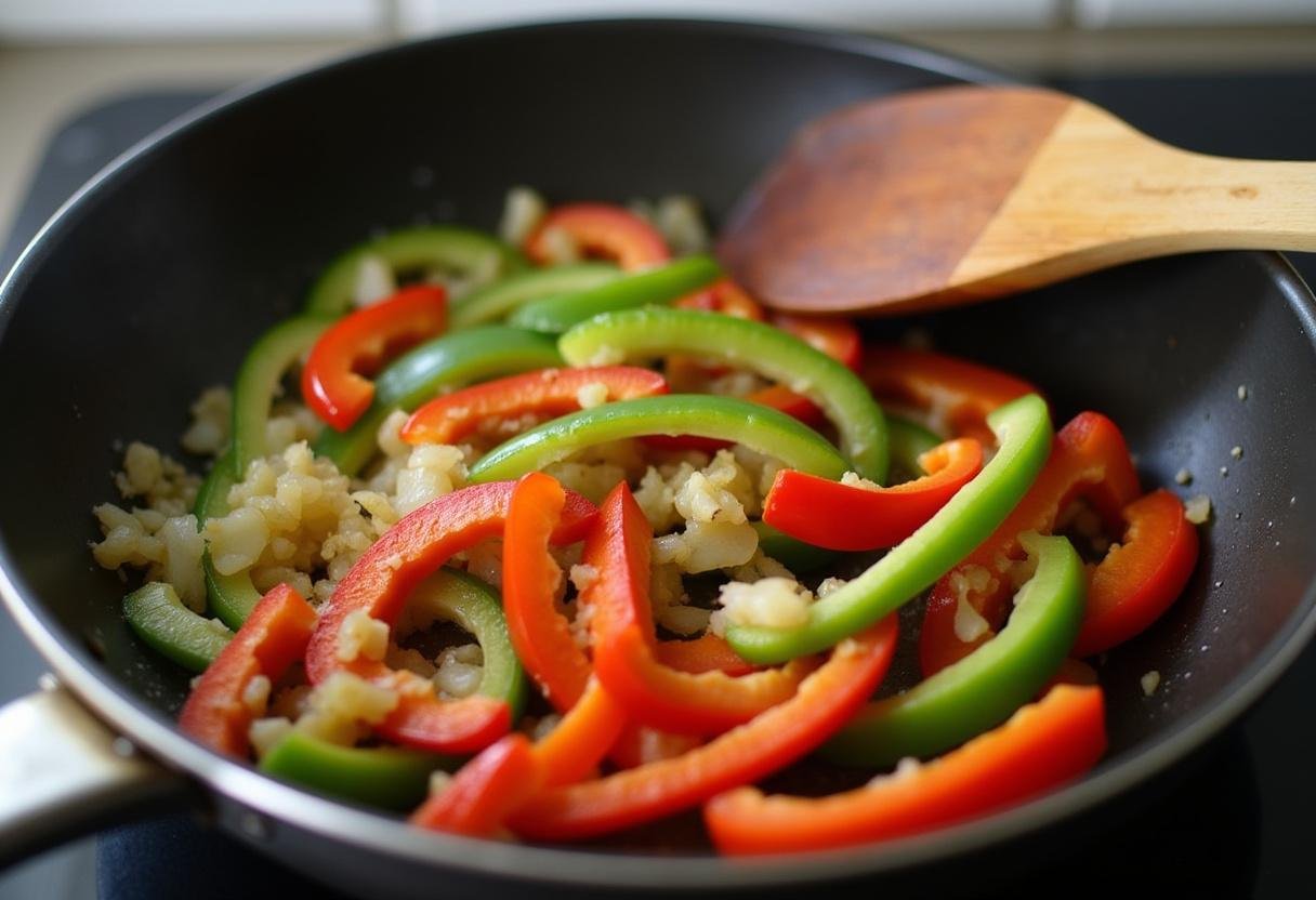 Sauter des oignons et poivrons dans une poĂȘle pour la recette de poulet aux noix de cajou, temporaire dorĂ©e avec des lĂ©gumes colorĂ©s.