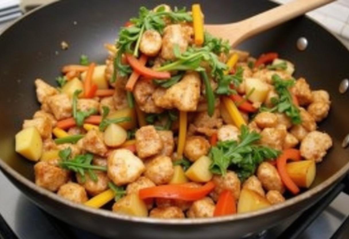 Cuisson du poulet marinĂ© dans une poĂȘle pour la recette de poulet aux noix de cajou, rĂ©galant avec une belle croĂ»te dorĂ©e et une odeur dĂ©licieuse.