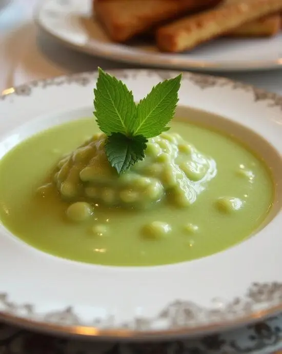 Présentation finale de la purée fine de petits pois garnie de menthe sur une table élégante.
