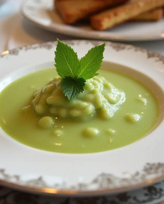 Présentation finale de la purée fine de petits pois garnie de menthe sur une table élégante.