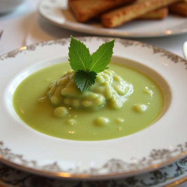 Présentation finale de la purée fine de petits pois garnie de menthe sur une table élégante.