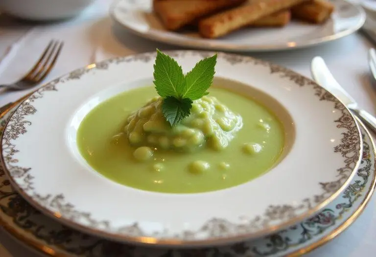 Présentation finale de la purée fine de petits pois garnie de menthe sur une table élégante.