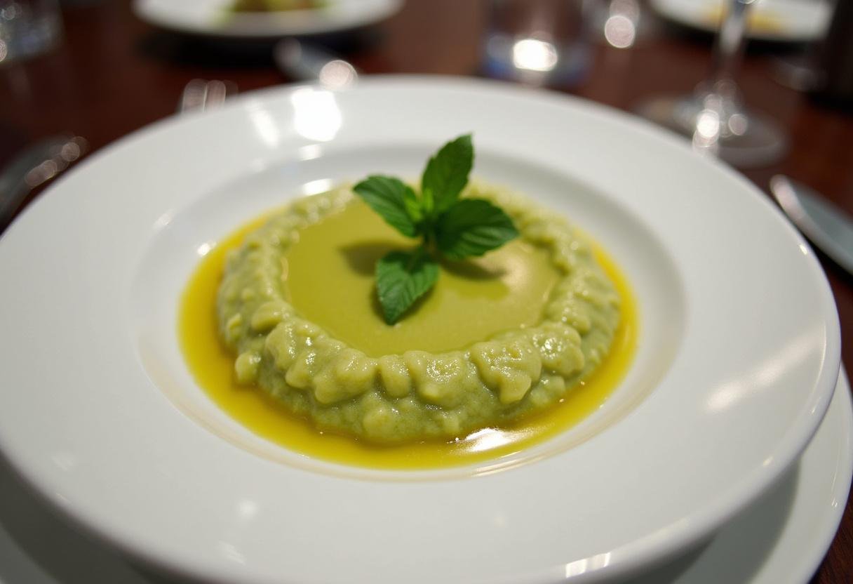 Présentation finale de la purée fine de petits pois garnie de menthe sur une table élégante.