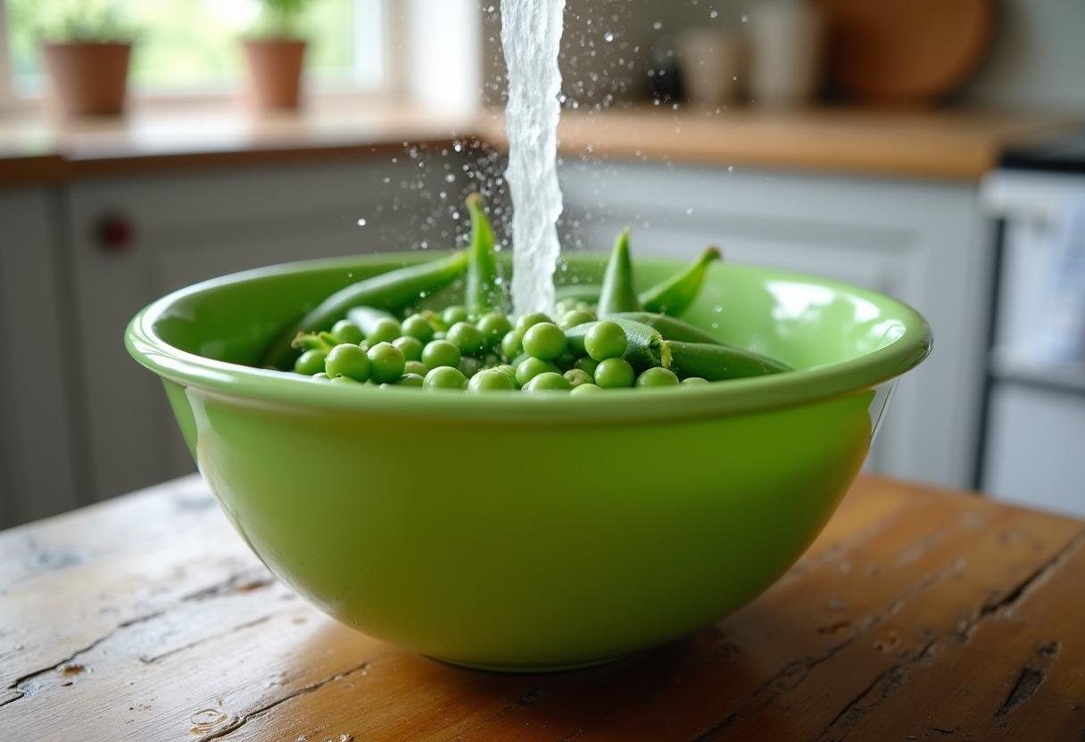 Préparation de la purée de petit pois avec des pois frais dans un bol vert.