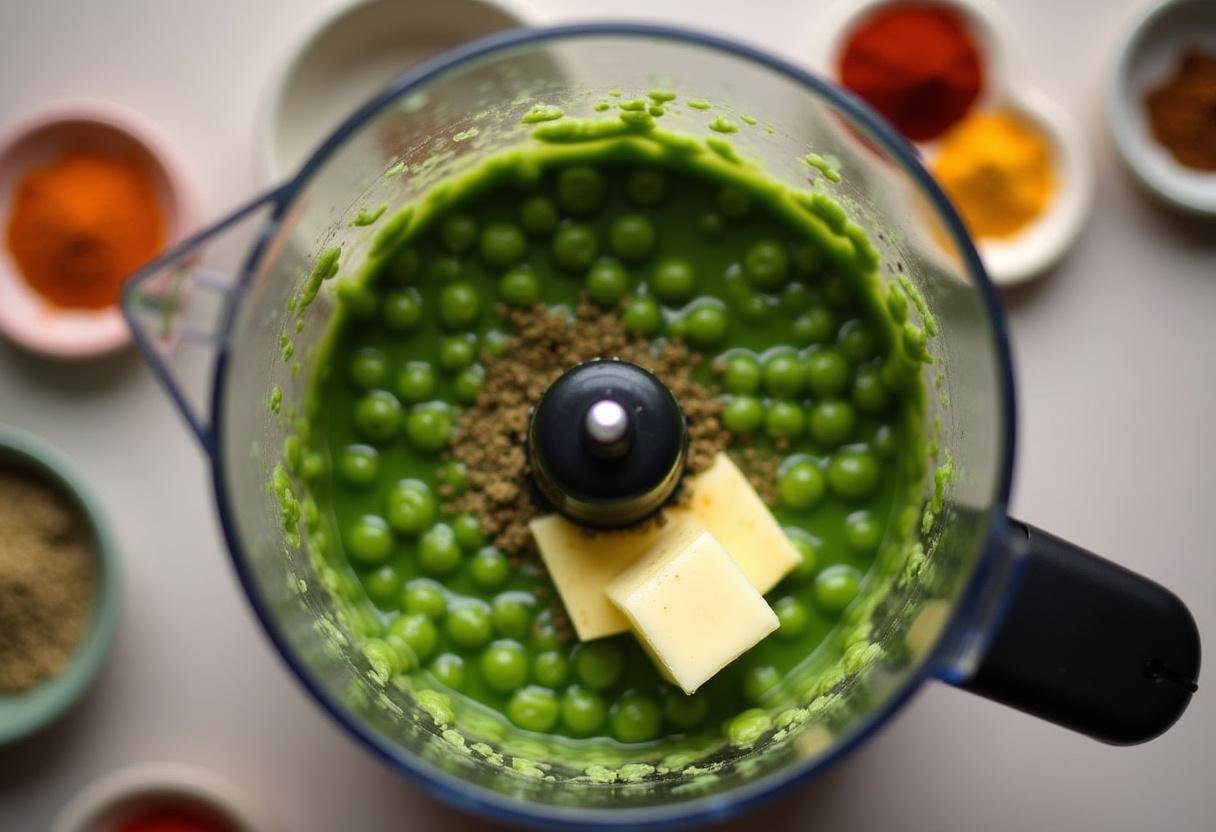 Mélange de pois cuits et de beurre pour créer la purée de petit pois dans un mélangeur.