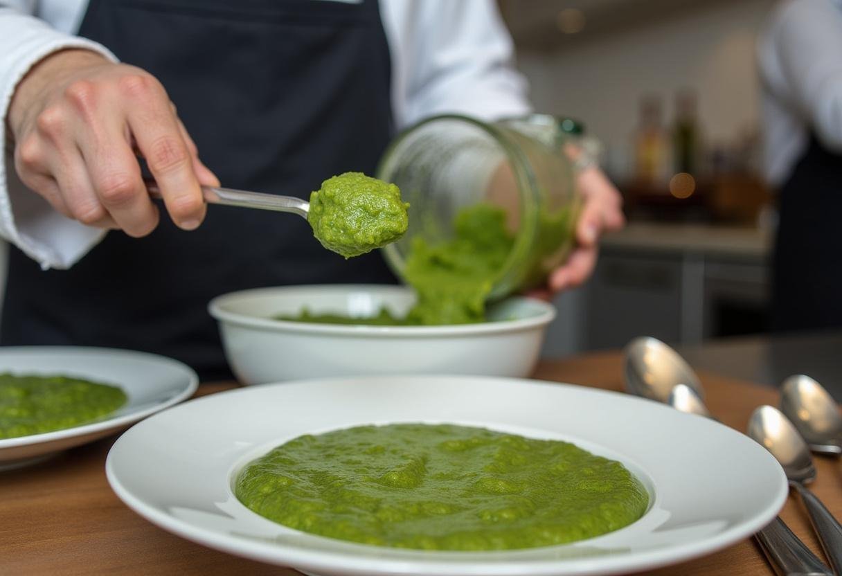 Transfert de la purée fine de petit pois dans un bol de service pour une présentation raffinée.