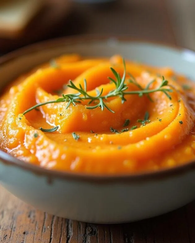Purée de patate douce carotte prête à servir, présentée dans un petit bol avec des herbes en garniture sur une table en bois rustique.