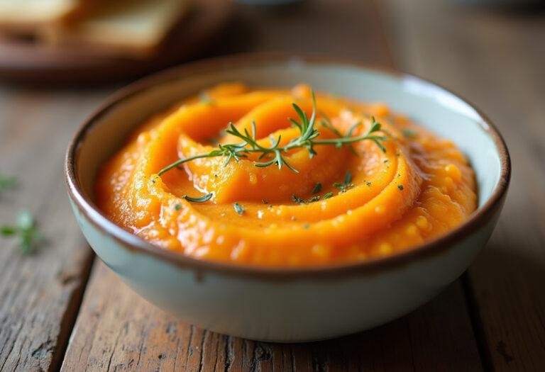 Purée de patate douce carotte prête à servir, présentée dans un petit bol avec des herbes en garniture sur une table en bois rustique.