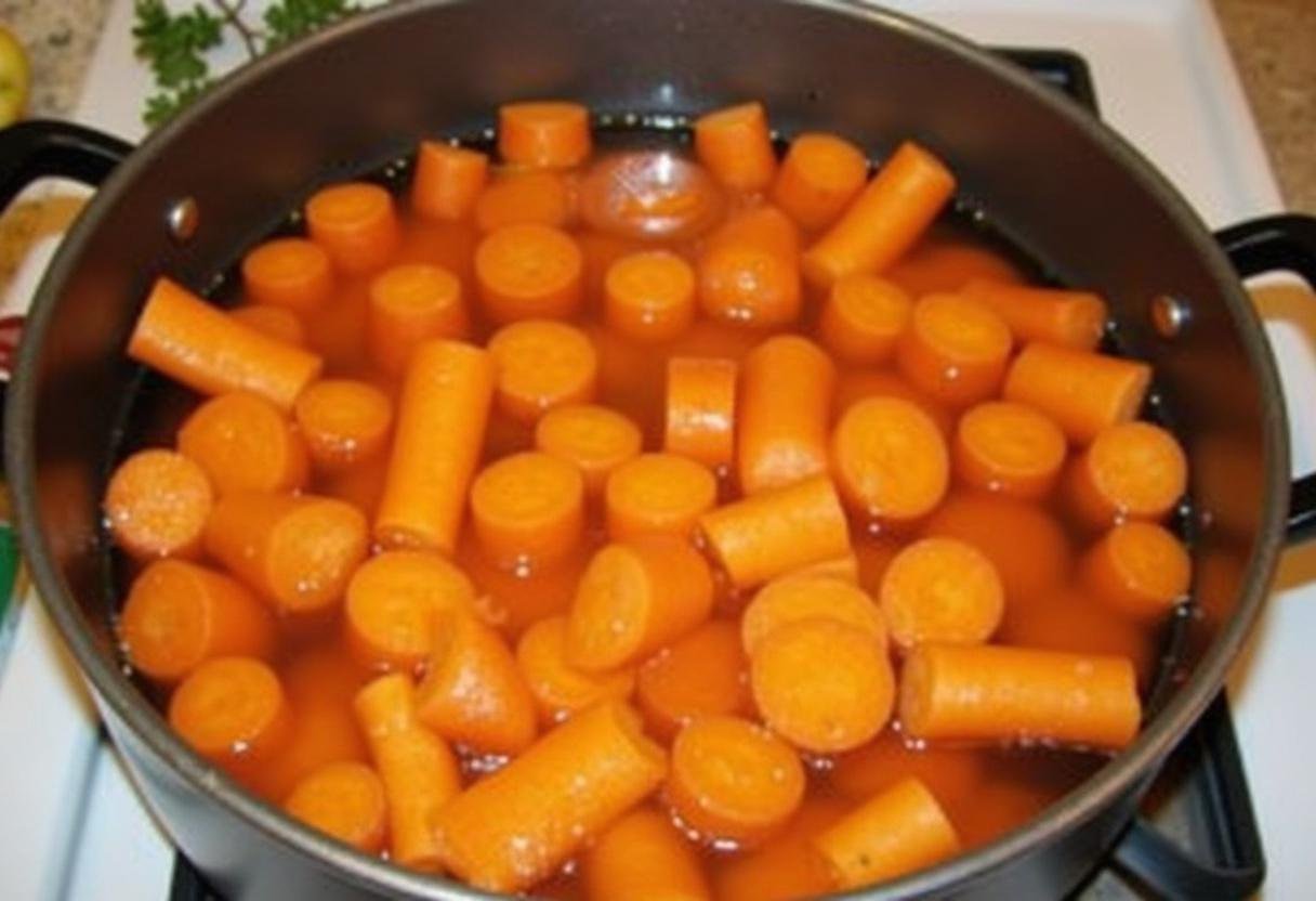 Préparation des ingrédients pour la purée de patate douce carotte, en pelant et en coupant les patates douces et les carottes en petits morceaux dans une grande casserole.