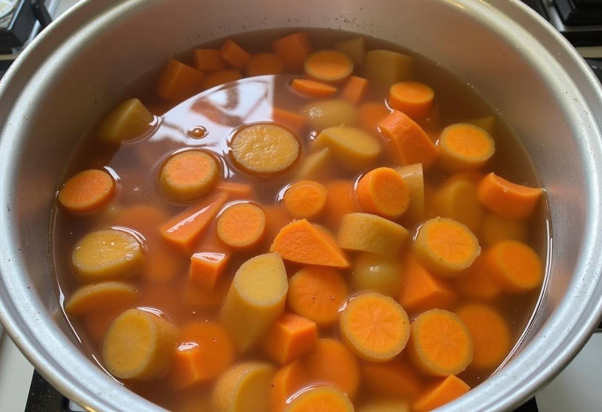 Cuisson des légumes dans une casserole, en portant l'eau à ébullition pour préparer la purée de patate douce carotte, pendant environ 15-20 minutes.