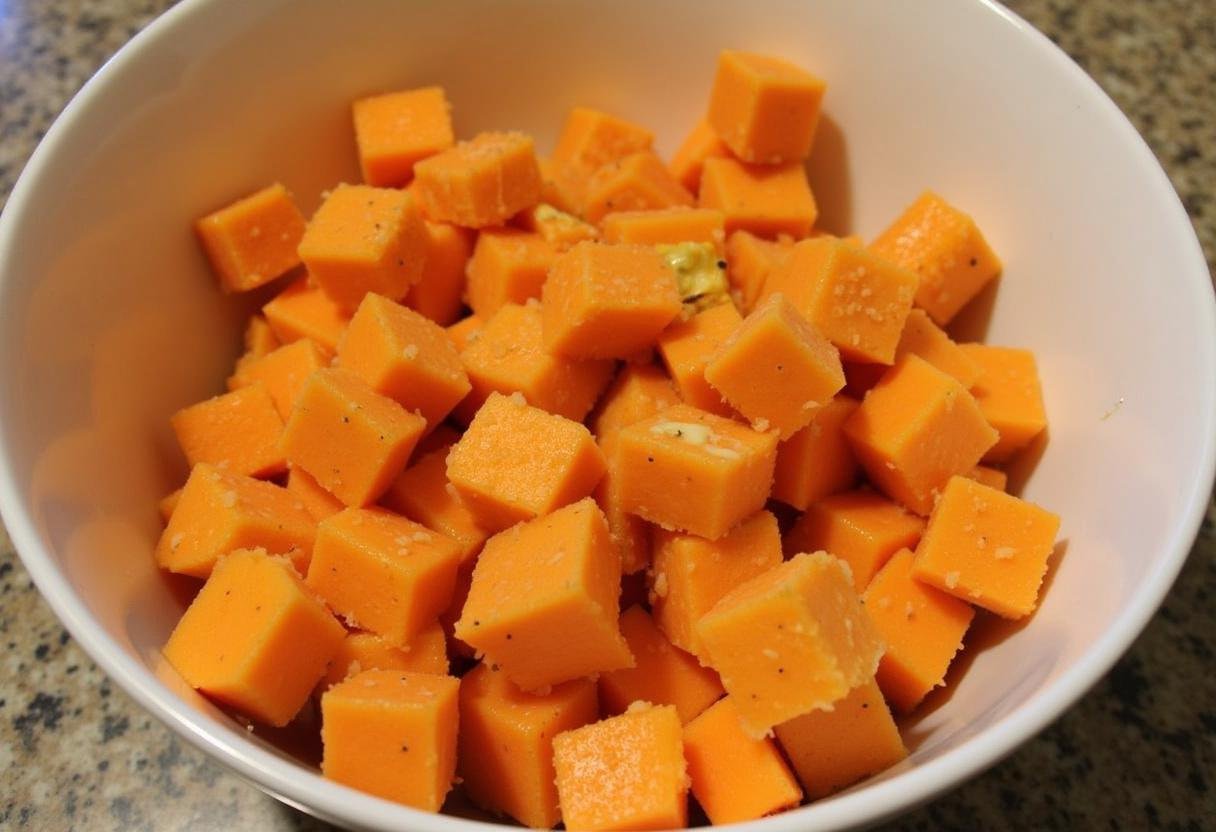 Égouttage des légumes cuits pour la purée de patate douce carotte, avec un bol à mélanger prêt à recevoir les ingrédients, ajoutant du beurre et des épices au goût.